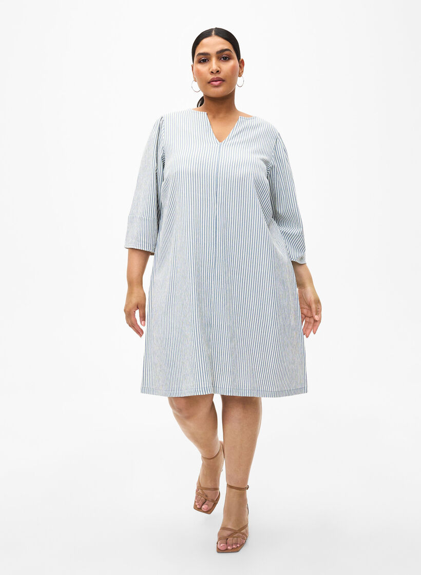 Gestreiftes Kleid mit 3/4-Ärmeln, Blue Stripe, Model image number 2