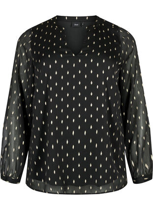 Bedruckte Bluse mit V-Ausschnitt, Black w. Gold, Packshot image number 0