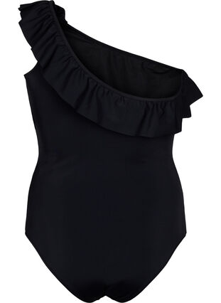 Ein-Schulter-Badeanzug mit Ruffle, Black, Packshot image number 1