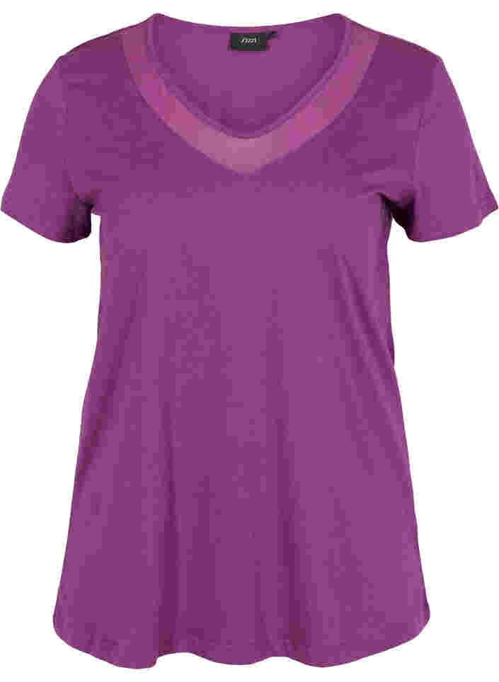 Kurzarm T-Shirt mit V-Ausschnitt und Mesh, Gloxinia, Packshot image number 0
