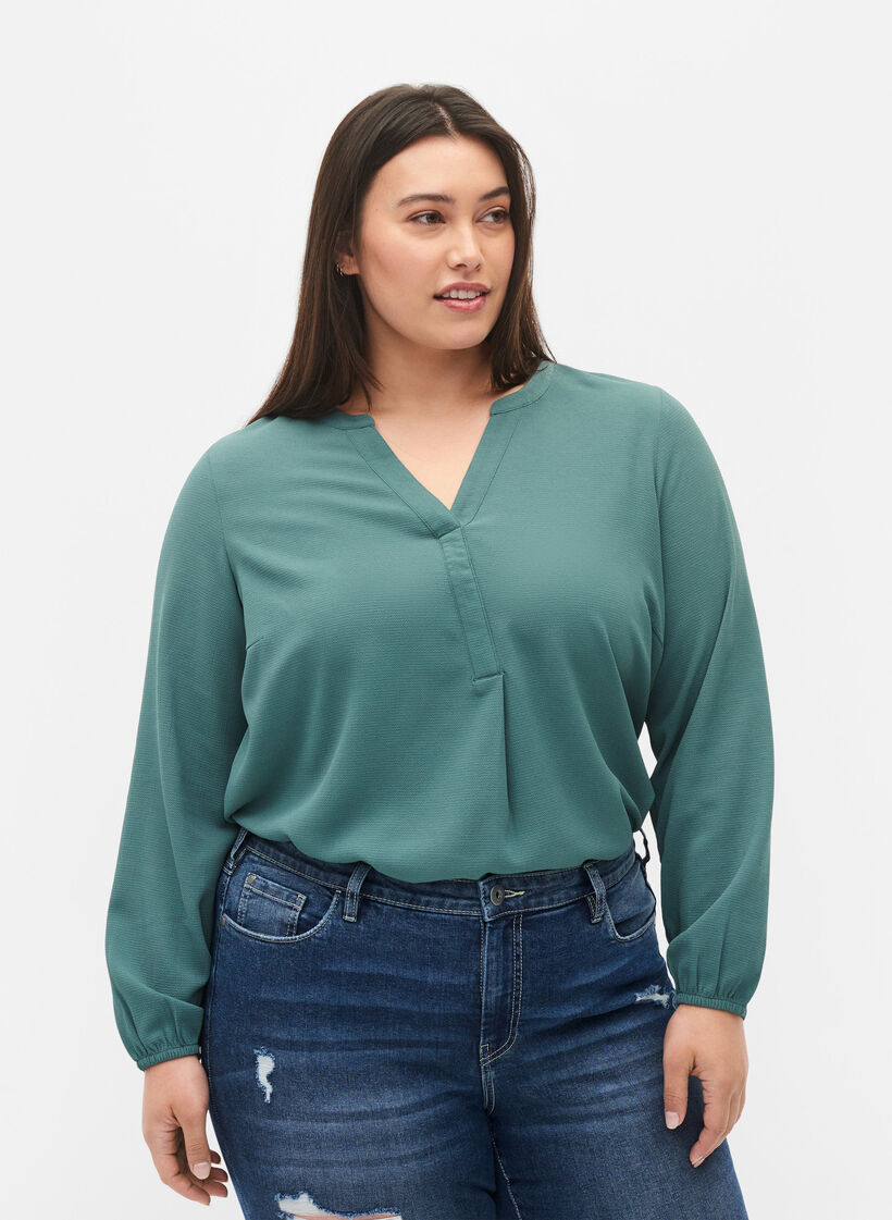 Unifarbene Bluse mit V-Ausschnitt, Mallard Green, Model
