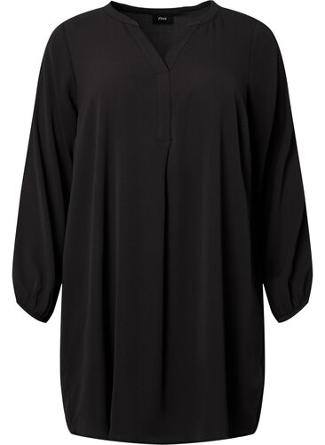 Langärmeliges Kleid mit V-Ausschnitt, Black, Packshot image number 0