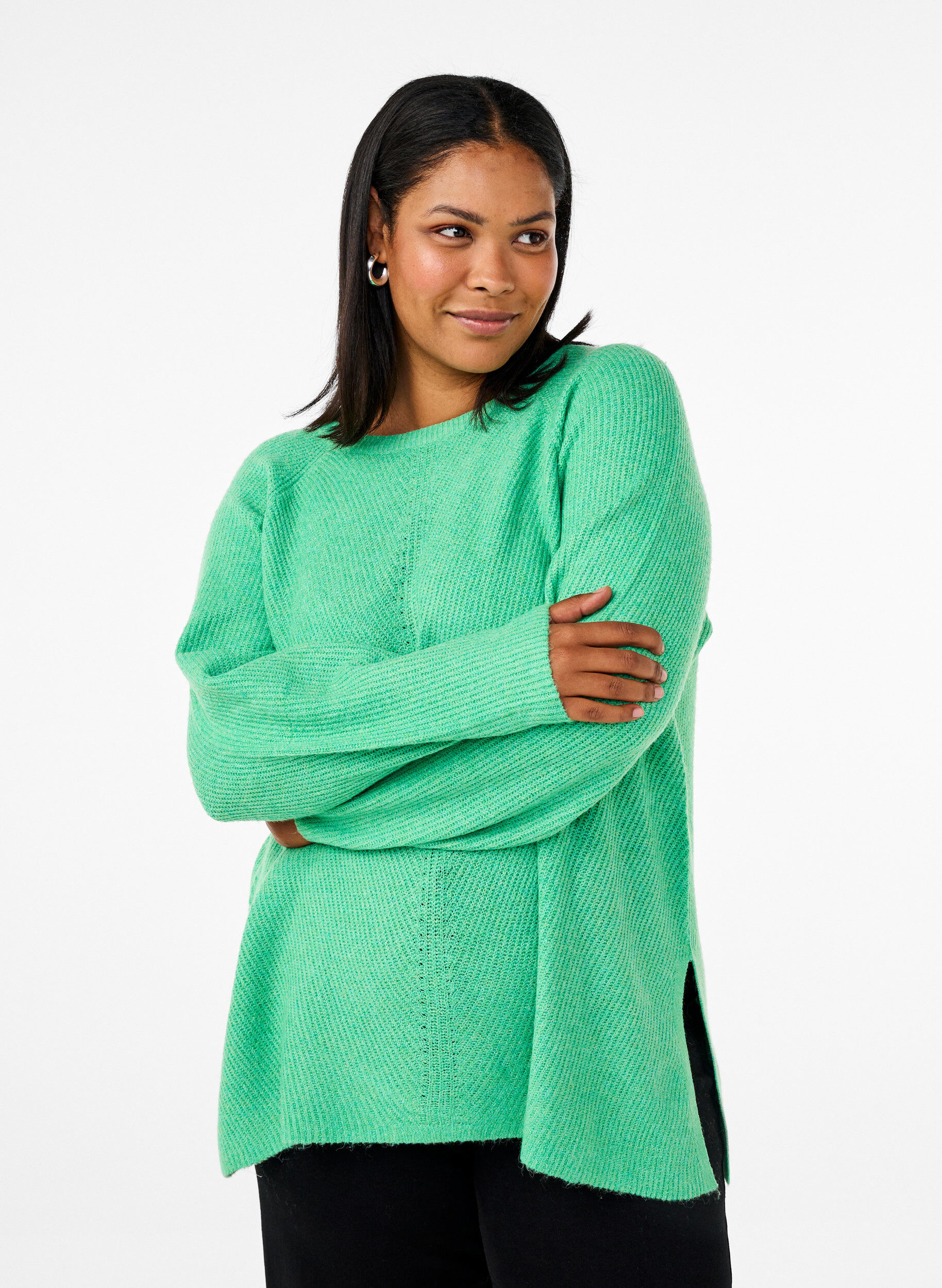 Zizzi Strickbluse mit Rundhalsausschnitt, Light G. Green Mel., Model image number 0