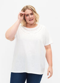 T-Shirt aus Baumwolle mit Spitzenband, Bright White, Model
