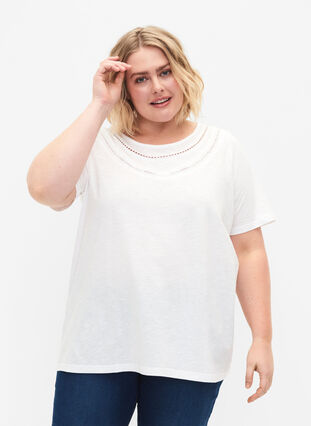 T-Shirt aus Baumwolle mit Spitzenband, Bright White, Model image number 0
