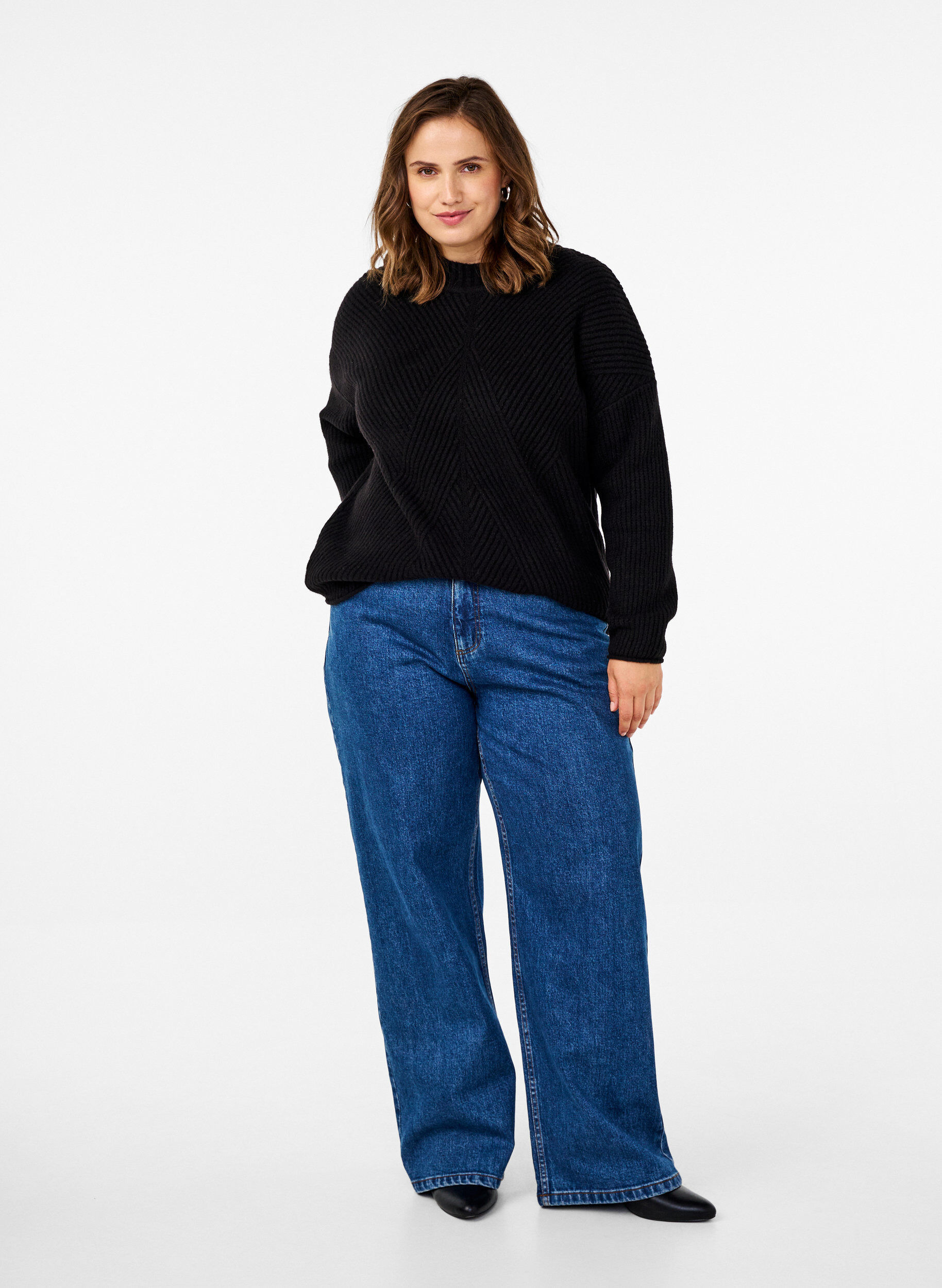 Zizzi Pullover mit Streifenmuster und langen &Auml;rmeln, Black Mel., Model image number 2