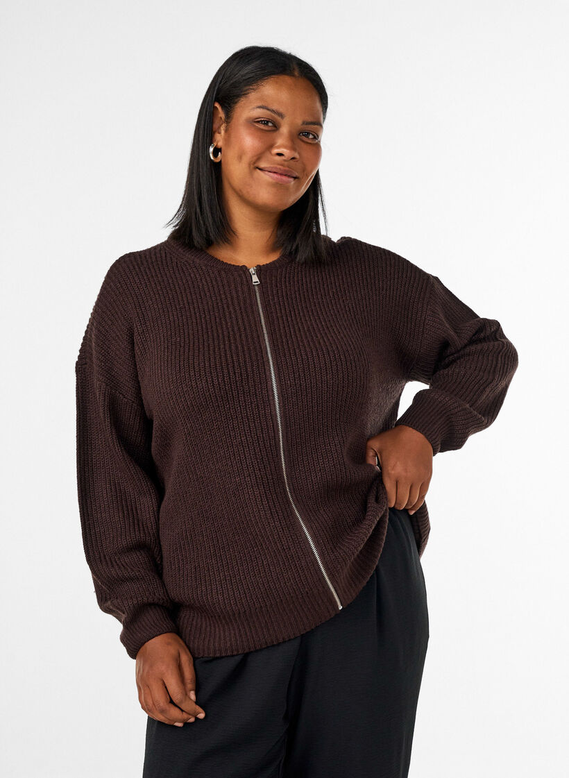 Strickjacke mit Rei&szlig;verschluss, Braun, Model image number 0