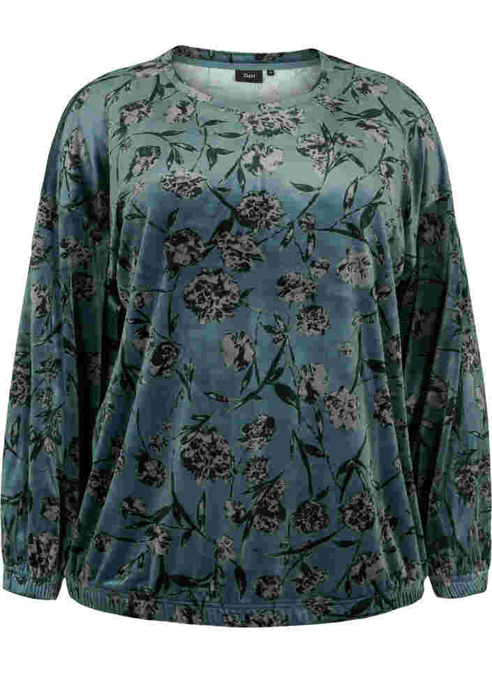 Bluse aus Velours mit Blumenprint und langen Ärmeln, Green Gables AOP, Packshot image number 0