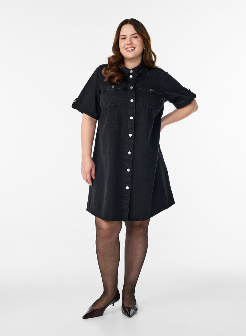 Denimkleid mit kurzen &Auml;rmeln und Kn&ouml;pfen, Schwarz, Model image number 1