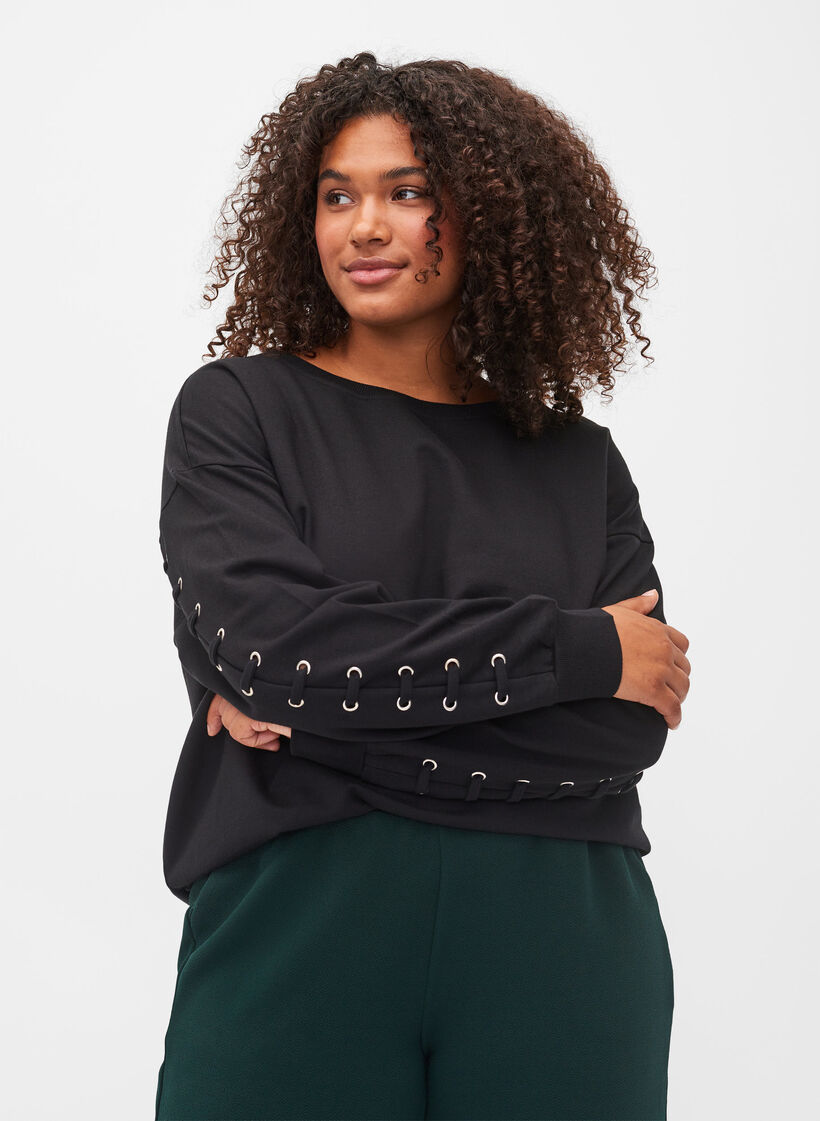 Sweatshirt aus Baumwolle mit Kordelzug, Black, Model