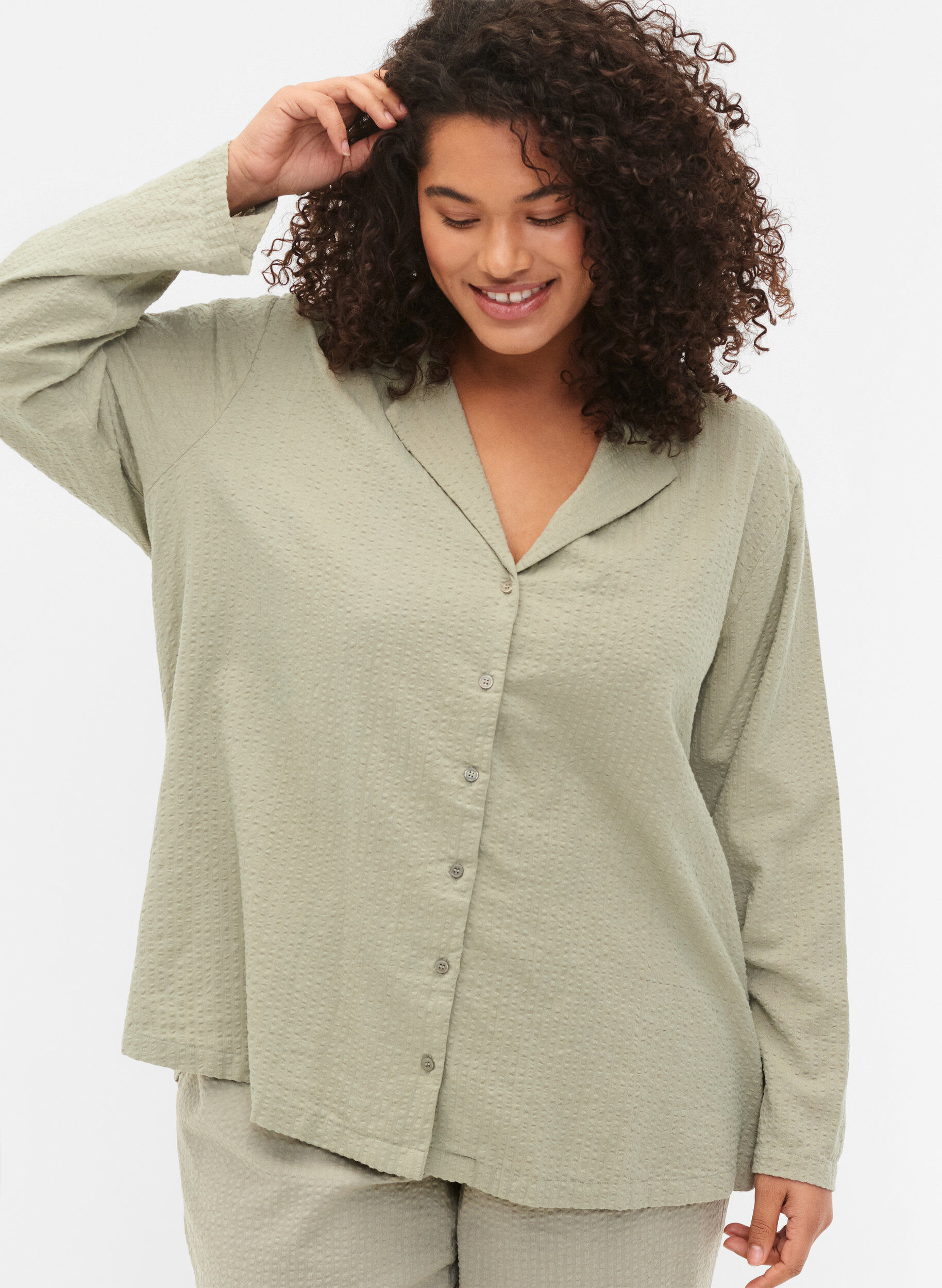 Zizzi Hemd aus Baumwolle mit Struktur, Seagrass , Model image number 2