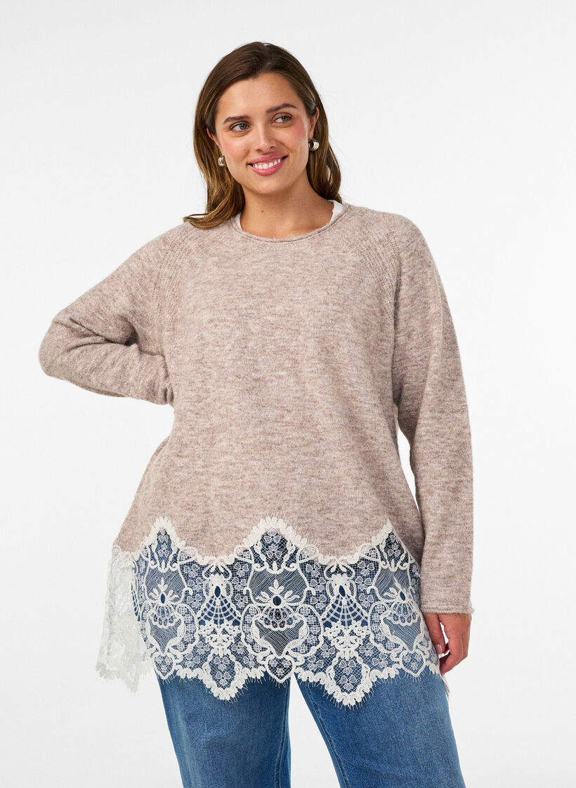 Strickpullover mit Raglan&auml;rmeln und breitem Spitzenbesatz, Beige, Model image number 0