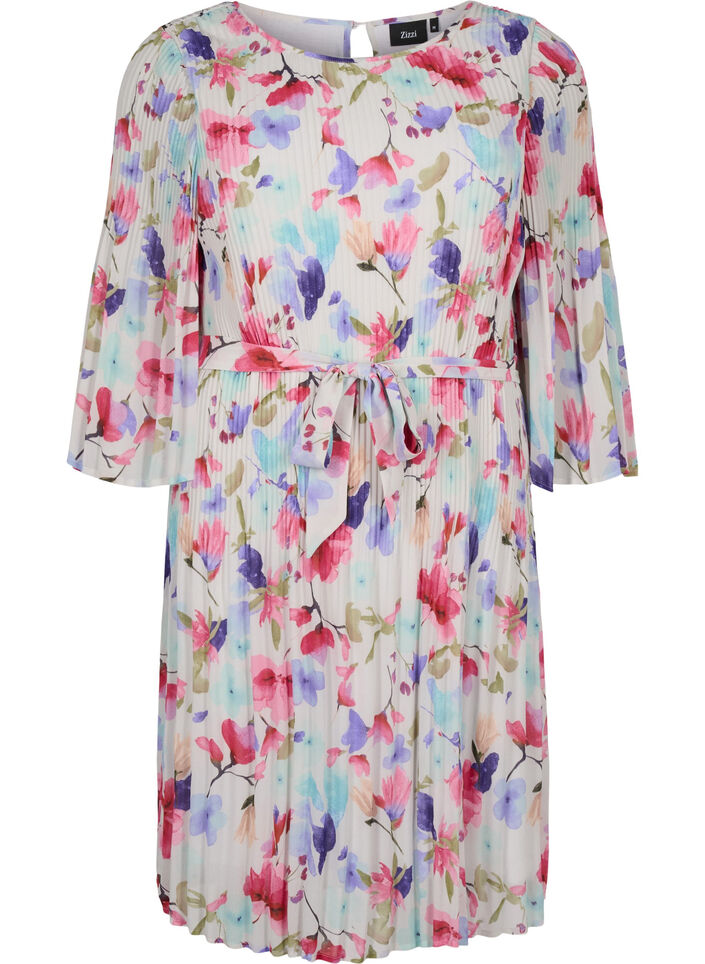 Plisseekleid mit Bindeband und Print, White/MultiFlowerAOP, Packshot image number 0