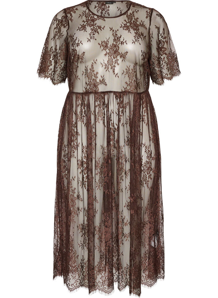 Midikleid aus transparenter Spitze mit kurzen &Auml;rmeln, Braun, Packshot image number 0