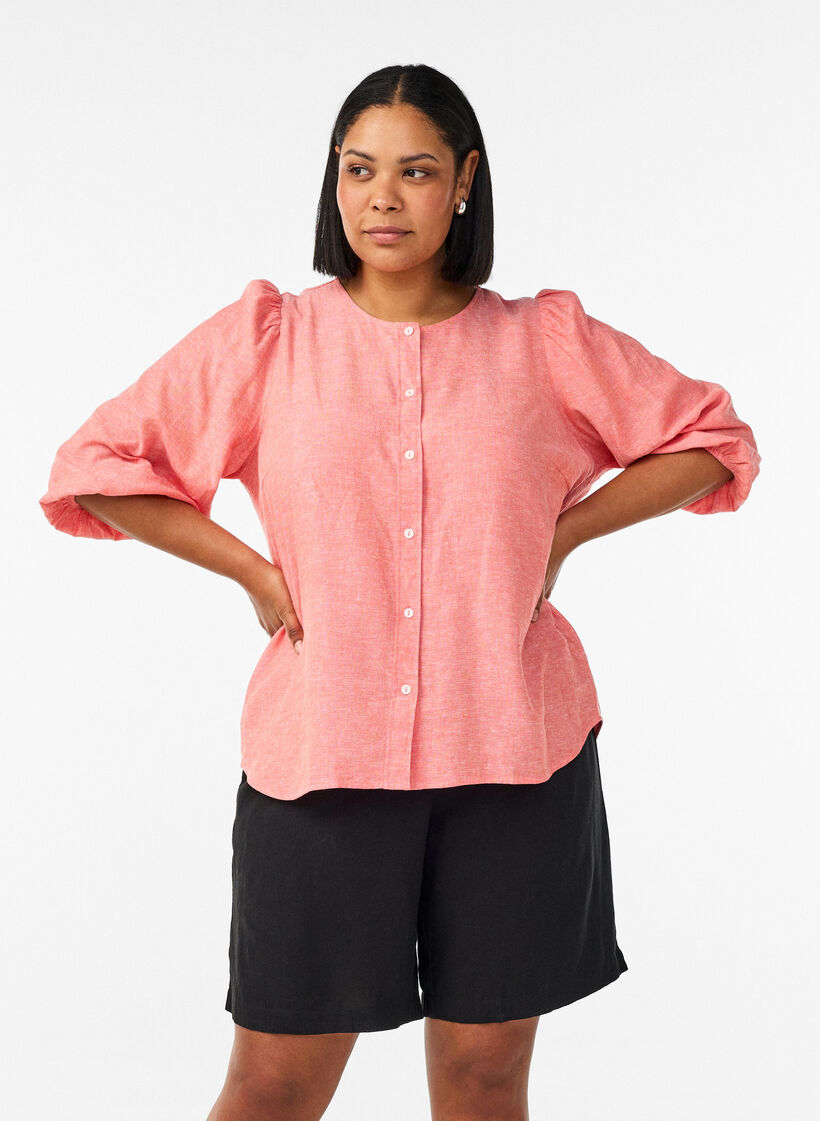 Hoch taillierte Shorts aus Leinen und Viskose, Schwarz, Model image number 0