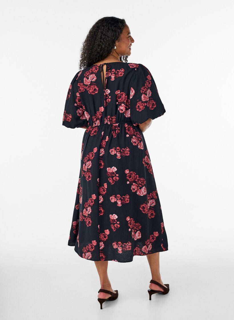 Midikleid mit Rosenprint und kurzen Ballon&auml;rmeln, Schwarz, Model image number 1