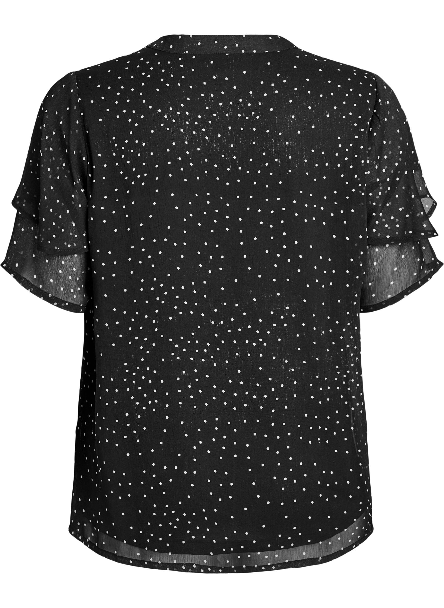 Zizzi Chiffonbluse mit Polka Dots und Volant&auml;rmeln, Schwarz, Packshot image number 1