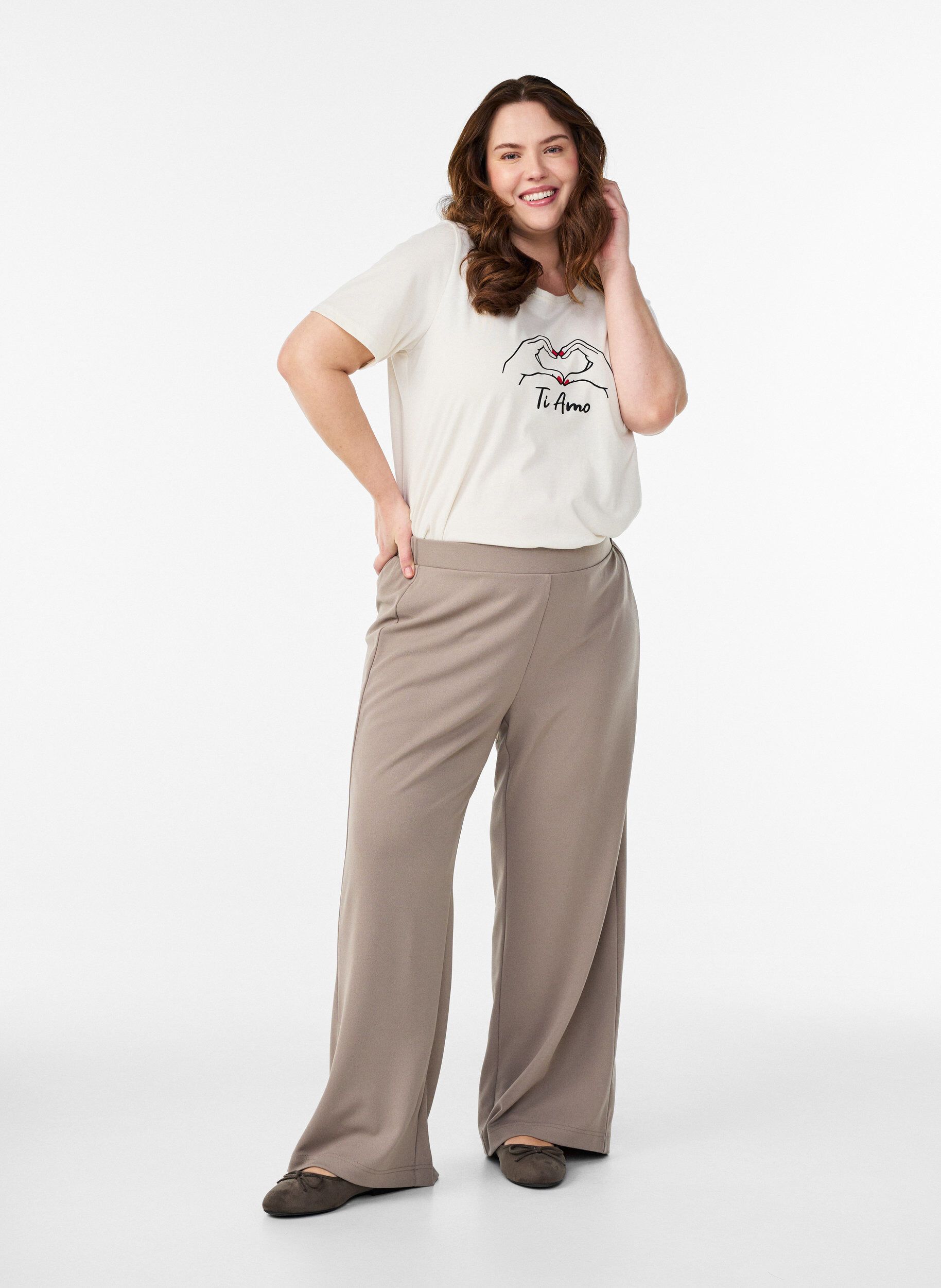 Hose mit weitem Bein, Beige, Model