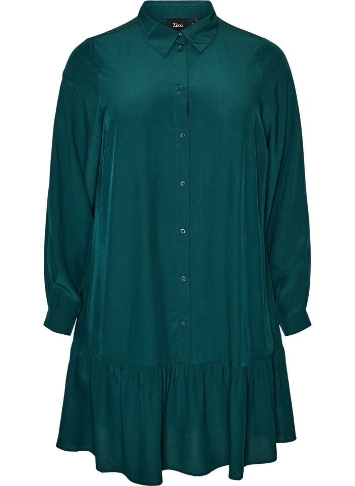 Kurzes Hemdblusenkleid mit R&uuml;schenvolant, Gr&uuml;n, Packshot image number 0