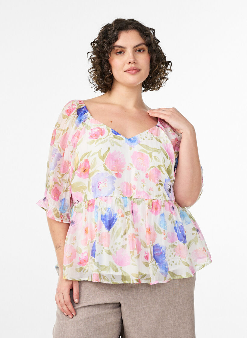 Bluse aus Lyocell mit Blumenprint und Herzausschnitt, Wei&szlig;, Model image number 0