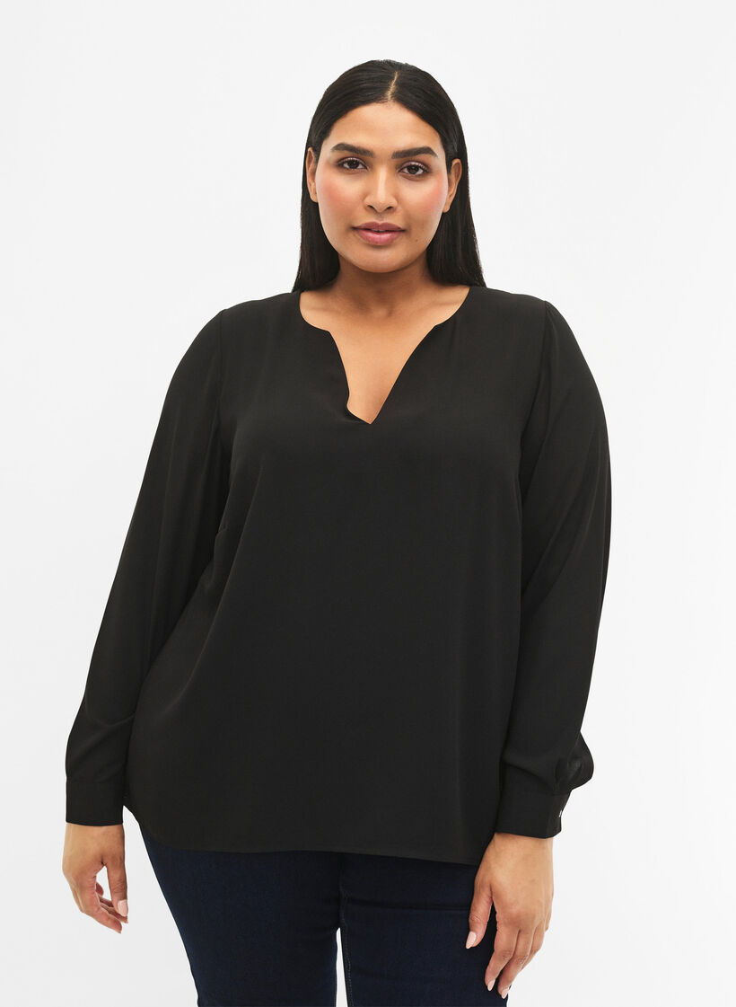  Langärmelige Bluse mit Falten am Rücken, Black, Model image number 0