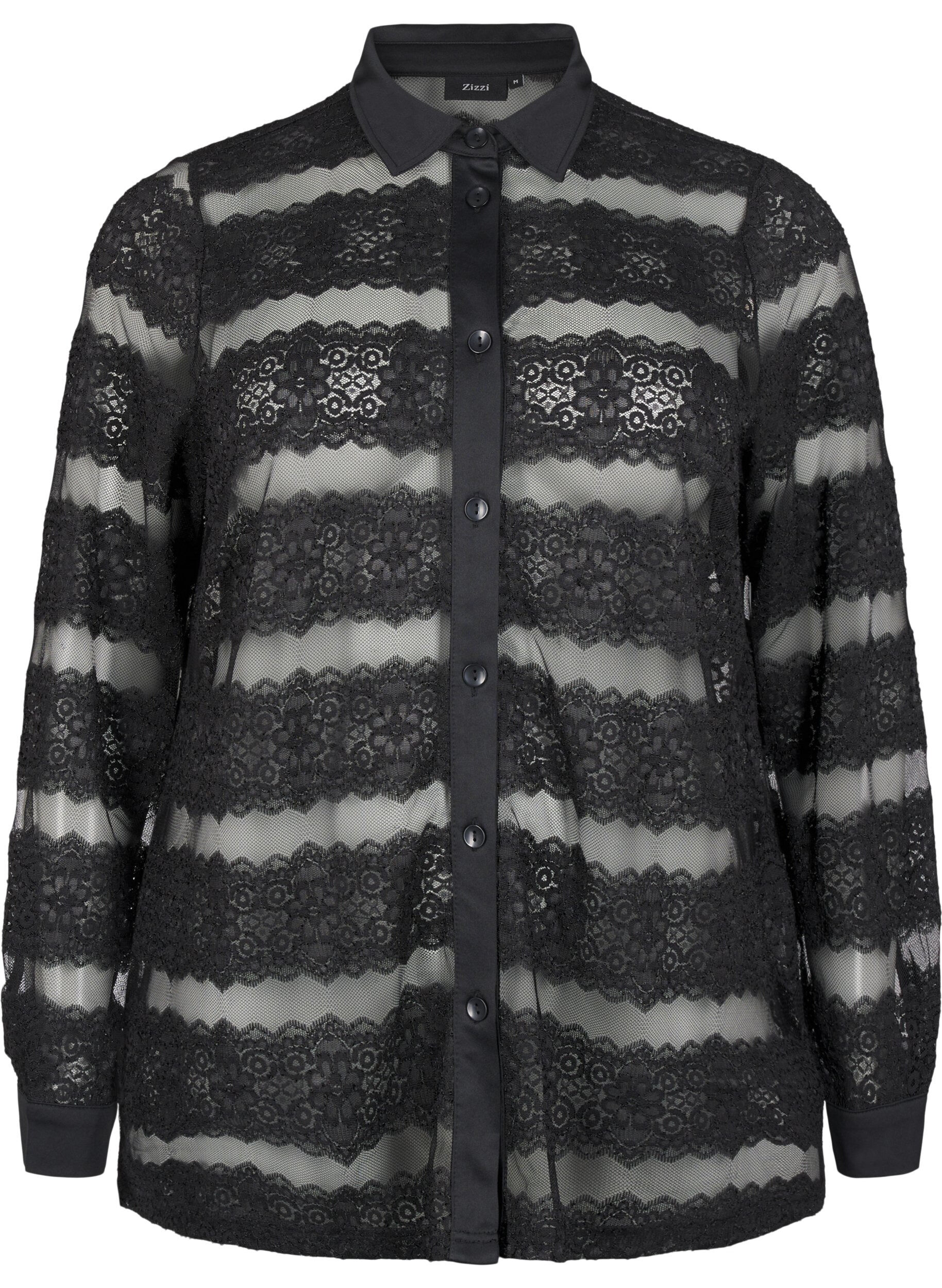 Zizzi Lockere Bluse mit Spitze und transparentem Mesh, Black, Packshot image number 0
