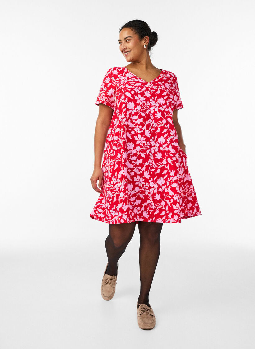 Kurzes A-Linien-Kleid mit floralem Print, Rot, Model image number 1