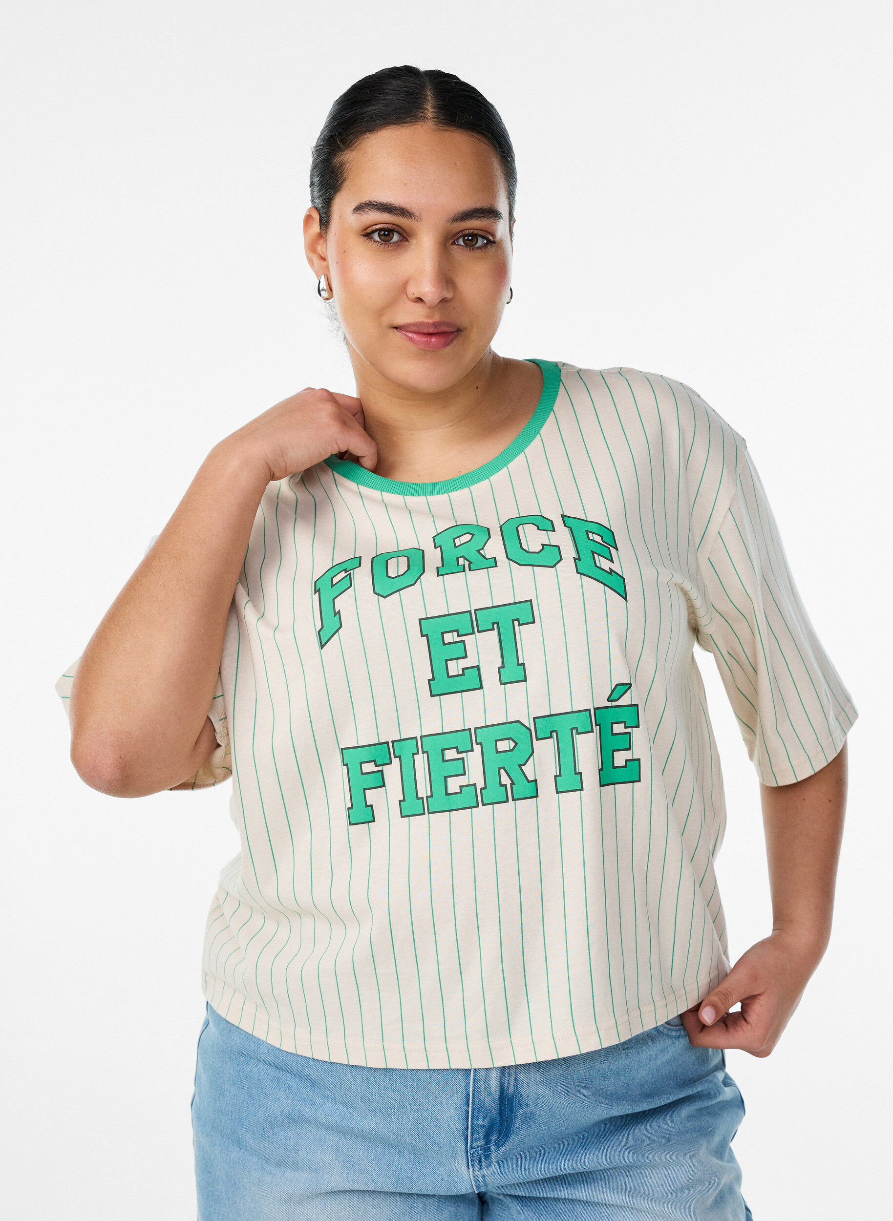 Boxy T-Shirt mit Streifen und Statement-Print, Vanille, Model