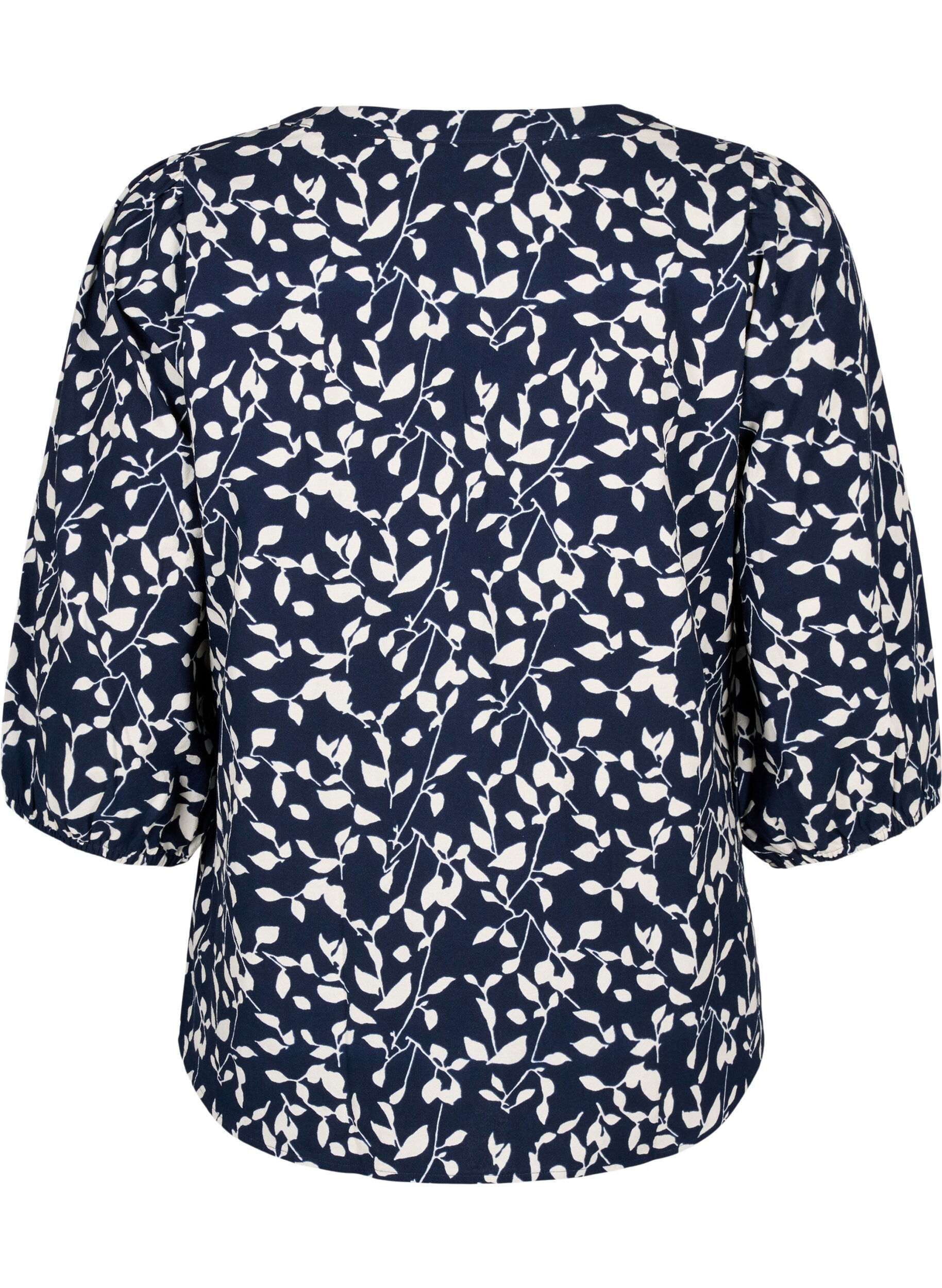 Zizzi Baumwollbluse mit 3/4-&Auml;rmeln und Aufdruck, Navy Blazer Leaf, Packshot image number 1