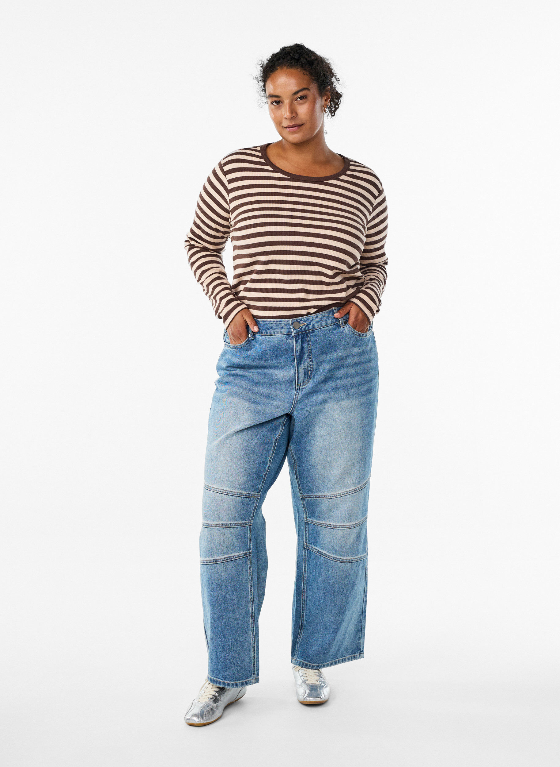 Zizzi Gestreifte Bluse mit langen &Auml;rmeln, Braun, Model image number 1