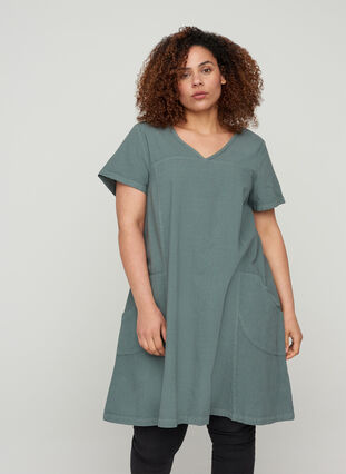 Kurzarm Kleid aus Baumwolle, Balsam Green, Model image number 0