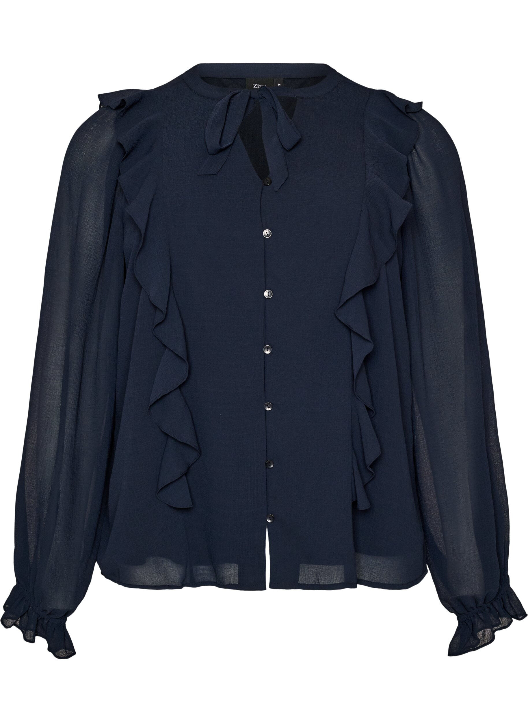 ZizziTransparente Bluse mit R&uuml;schen und Bindeband, Blau, Packshot image number 0