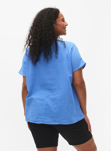 Kurzärmelige Bluse aus Baumwollmischung mit Leinen, Ultramarine, Model image number 1