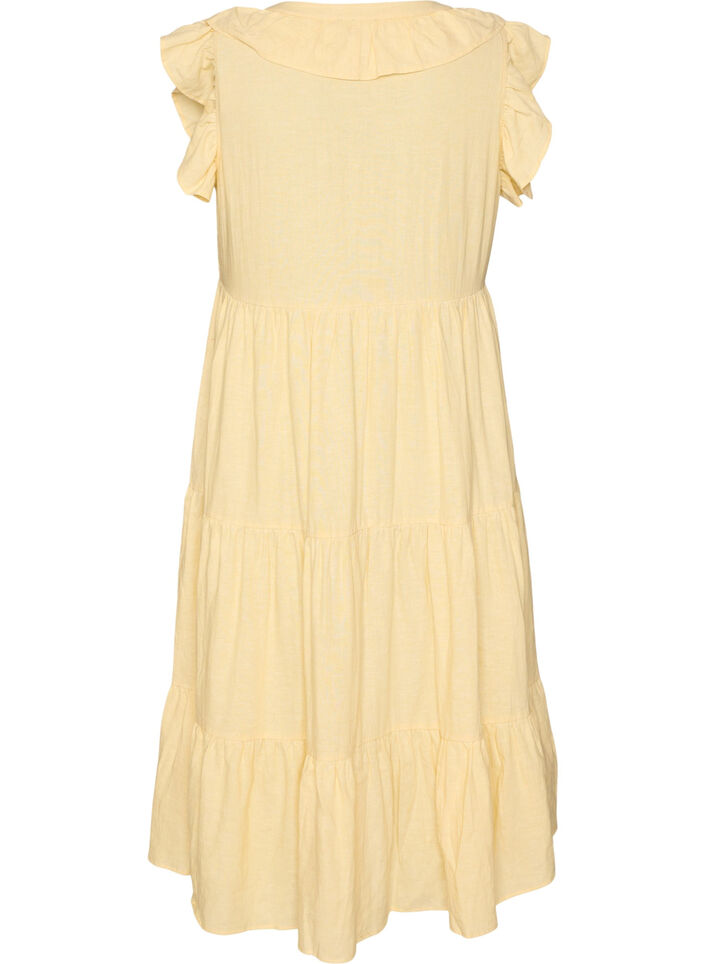 &Auml;rmelloses Midikleid aus Leinen und Viskose mit R&uuml;schen, Gelb, Packshot image number 1