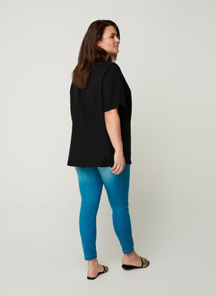 Kurzarm Bluse aus Baumwolle mit V-Ausschnitt, Black, Model image number 1