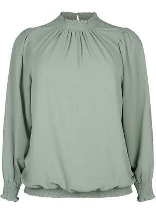 Einfarbige gesmokte Bluse mit langen Ärmeln, Green Bay, Packshot image number 0