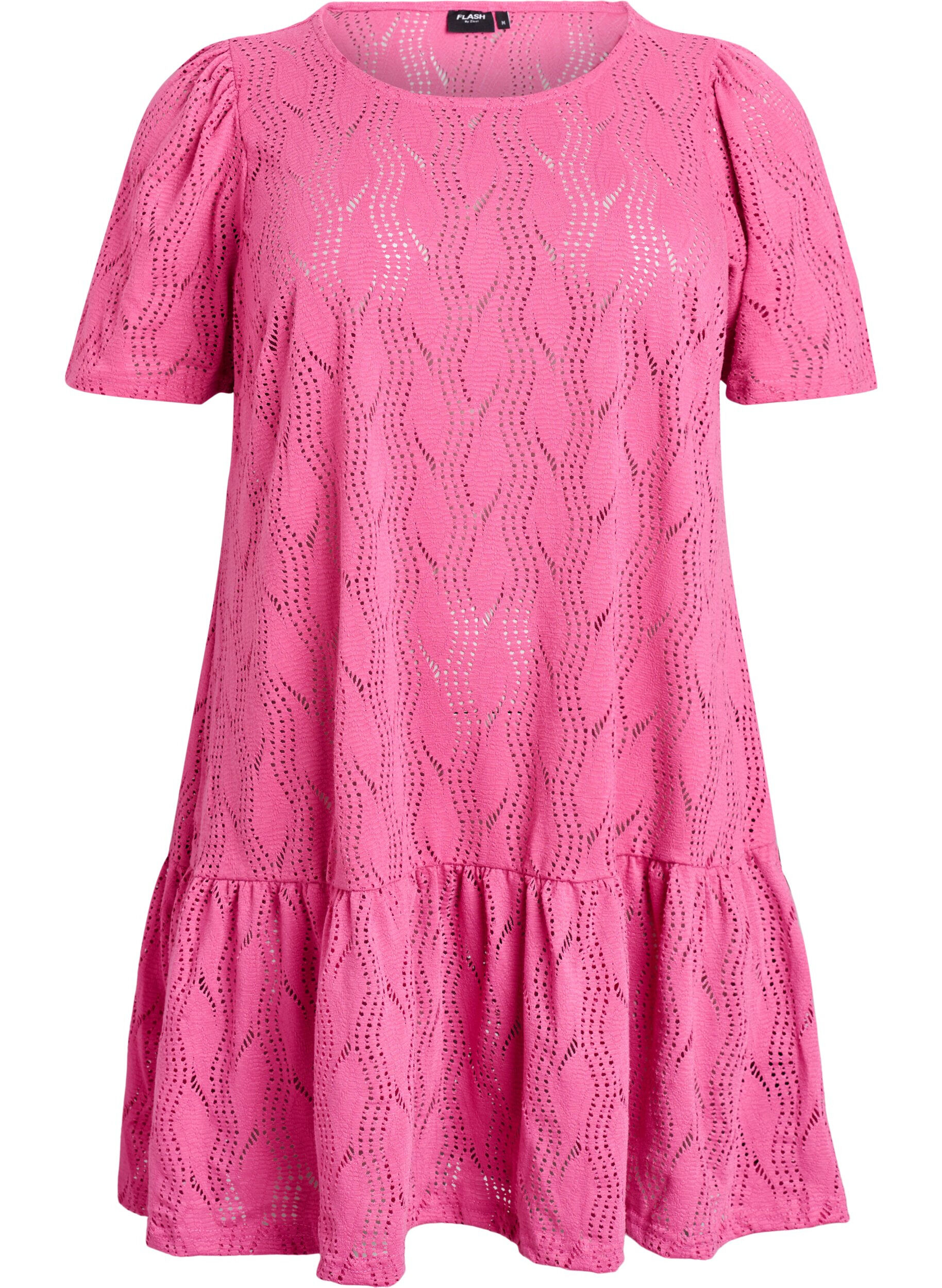 Zizzi FLASH - Kurzes Jerseykleid mit Lochmuster, Ibis Rose, Packshot image number 0