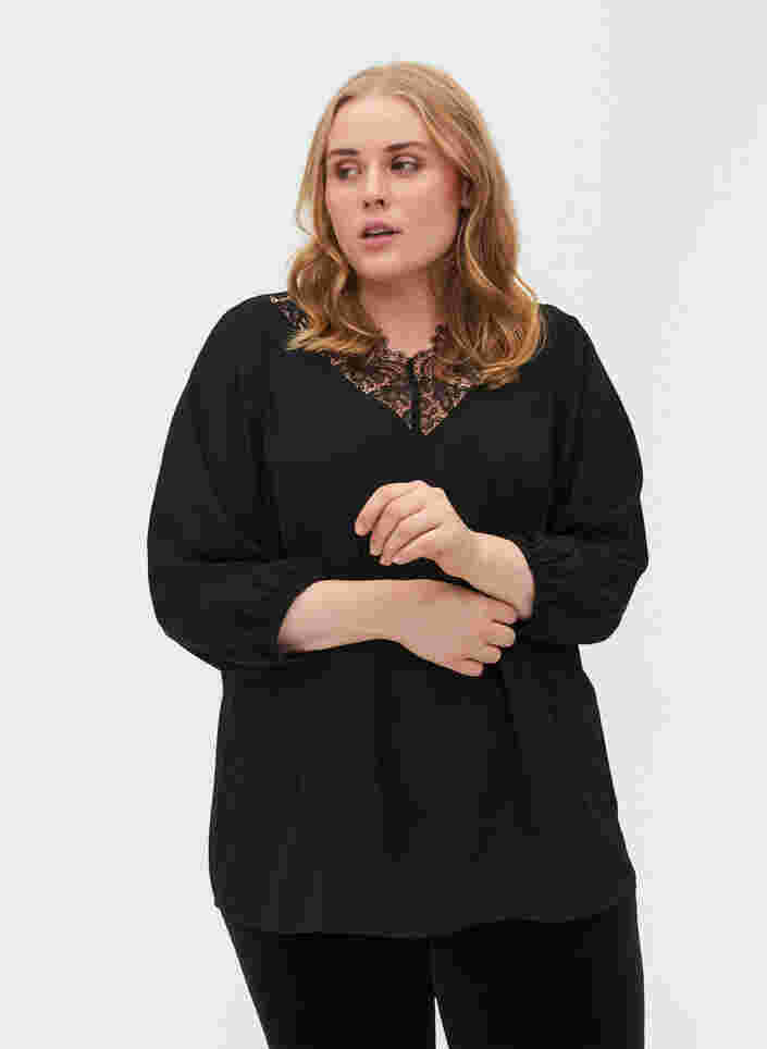 Einfarbige Bluse mit Spitze und 3/4-Ärmeln, Black, Model image number 0