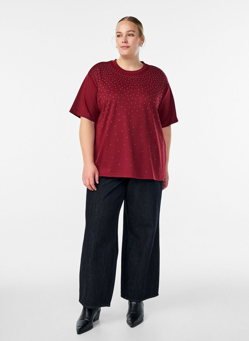 T-Shirt mit Strasssteinen und Rundhalsausschnitt, Dunkles Bordeaux, Model image number 1