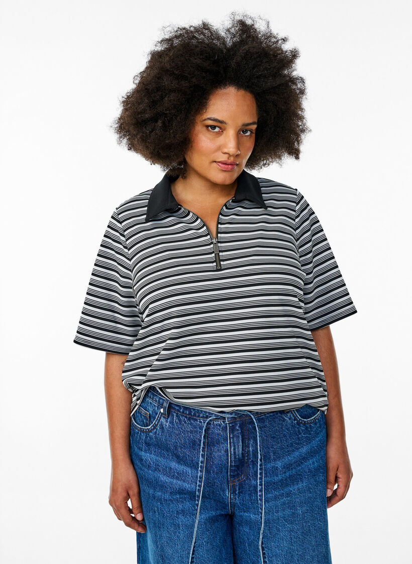Kurzärmliges Poloshirt mit Streifen und Reißverschluss, Schwarz, Model image number 0