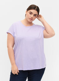 Kurzärmeliges T-Shirt aus einer Baumwollmischung, Lavender, Model