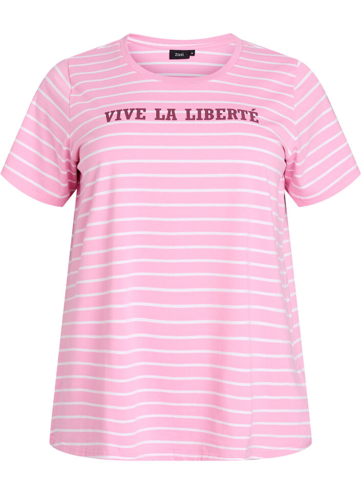 Gestreiftes T-Shirt mit Text-Print, Pink, Packshot image number 0