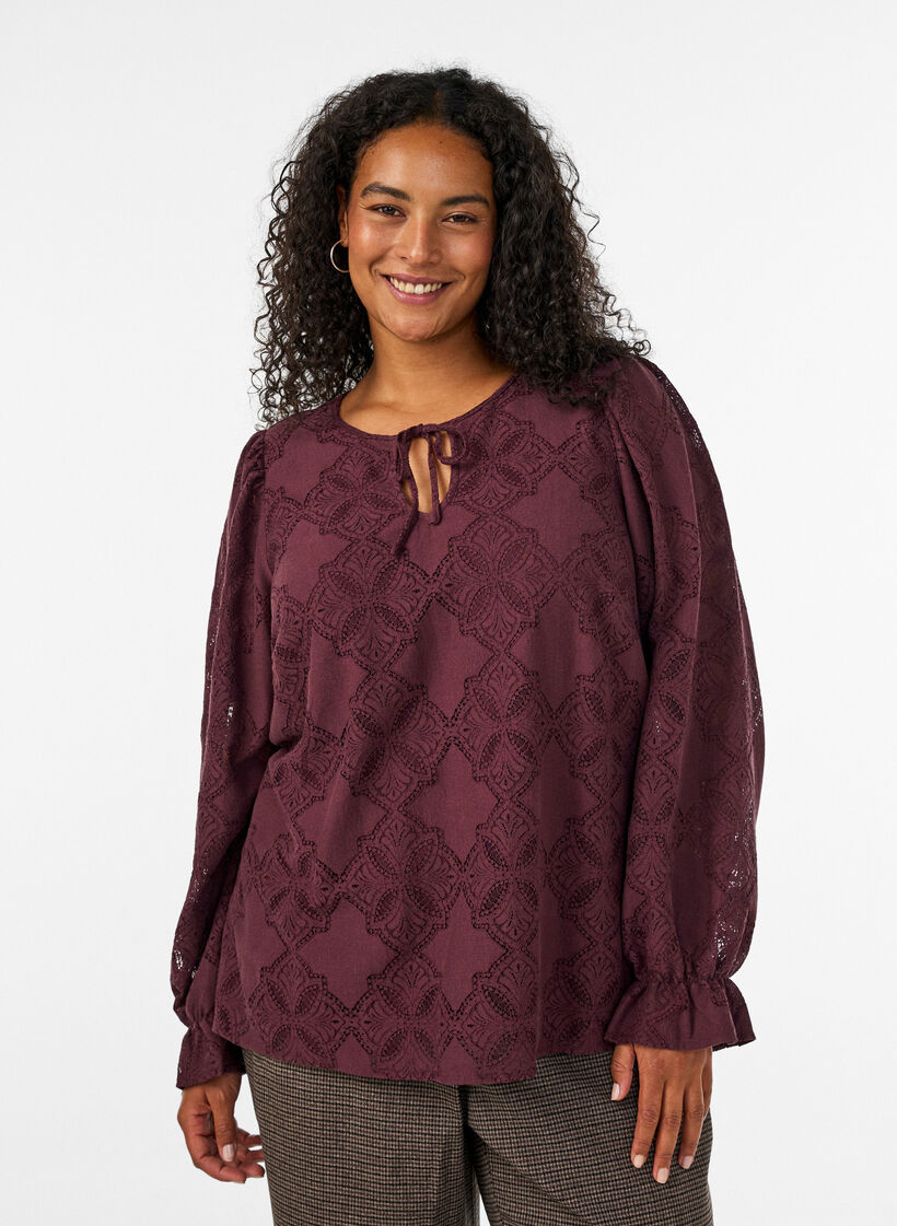 Langarmbluse mit Spitzenmuster, Dunkles Bordeaux, Model image number 0