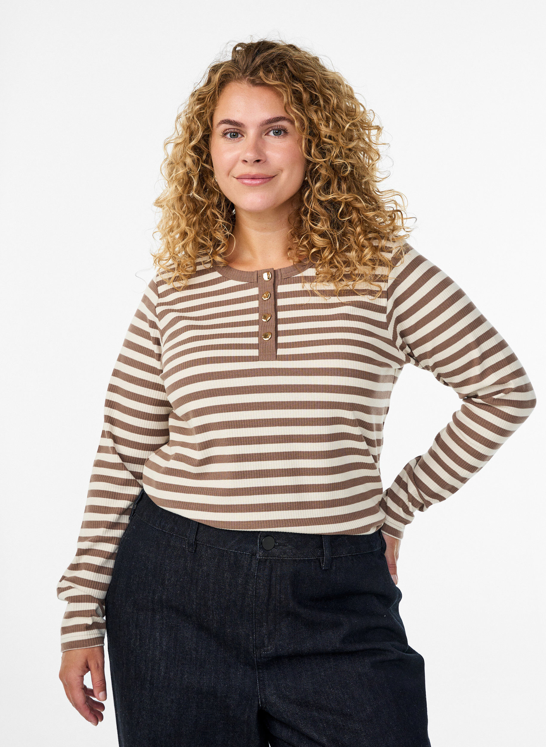 Zizzi Gestreifte Jerseybluse mit Rippstruktur, Vanille, Model image number 0