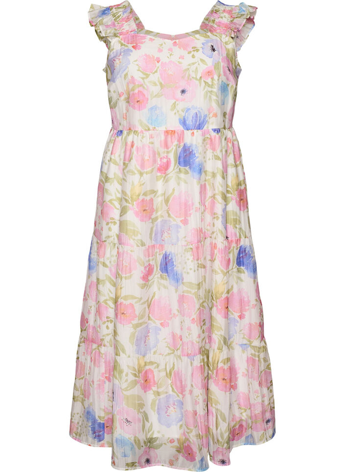 Langes gebl&uuml;mtes Kleid aus Lyocell mit R&uuml;schen, Wei&szlig;, Packshot image number 0