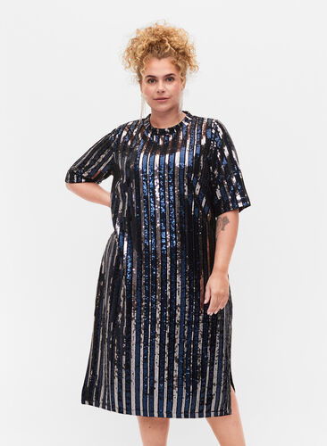 Kurzärmeliges Paillettenkleid mit Schlitz, Evening Blue Stripe , Model image number 0