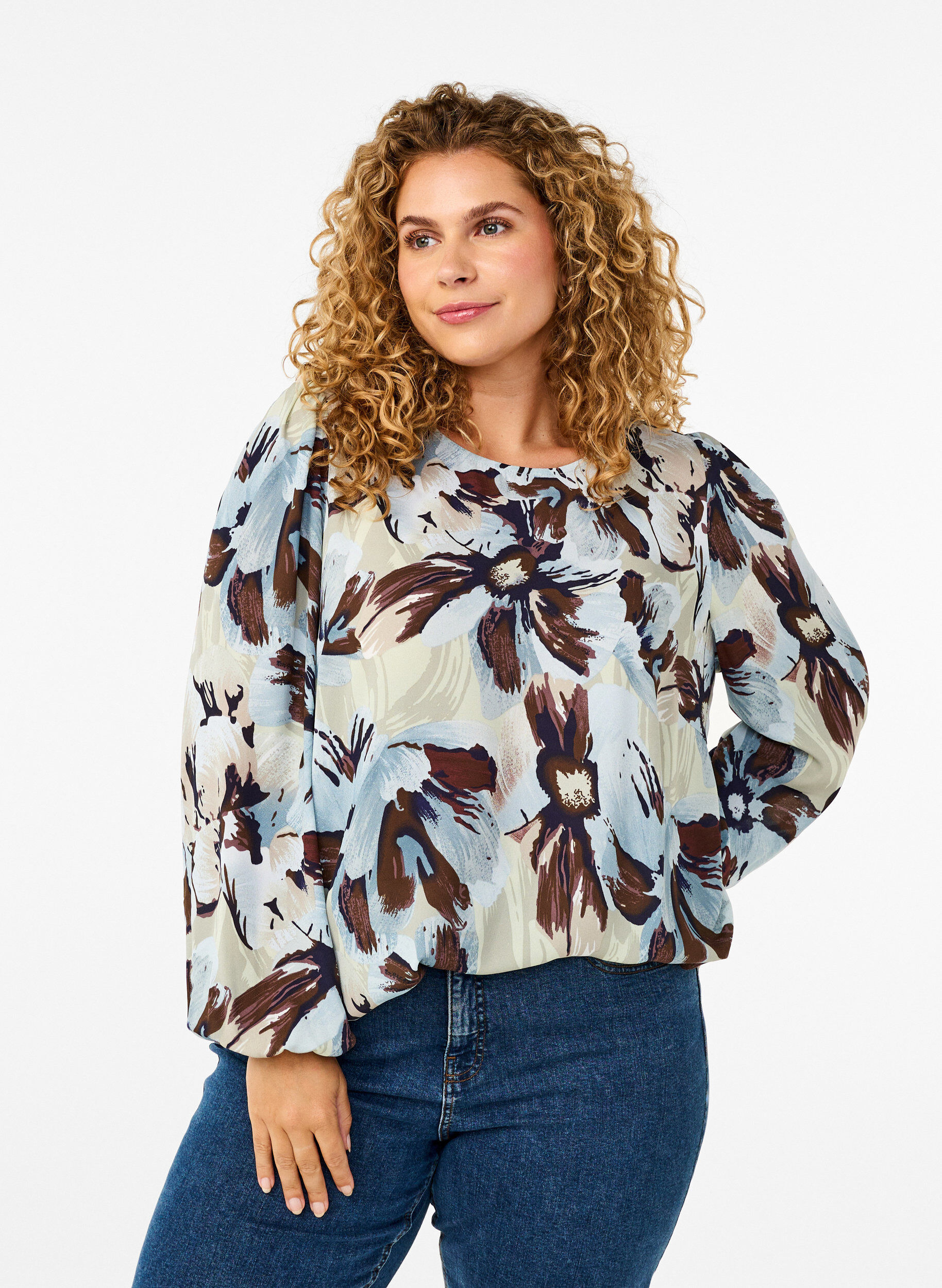 Zizzi Lang&auml;rmelige Bluse mit Druck und Knopf, Grey Flower AOP, Model image number 0