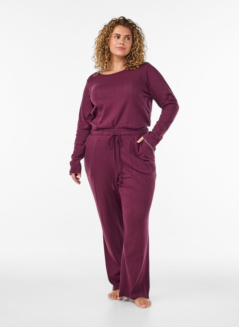 Pyjamahose aus Bio-Baumwolle mit Lochstickerei, Dunkles Bordeaux, Model image number 0