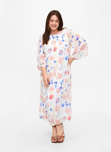 Blumen-Plissee-Kleid mit Kordelzug, White/Blue Floral, Model image number 0