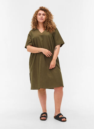 Kurzarm Kleid aus Baumwollmischung mit Leinen, Ivy Green, Model image number 2